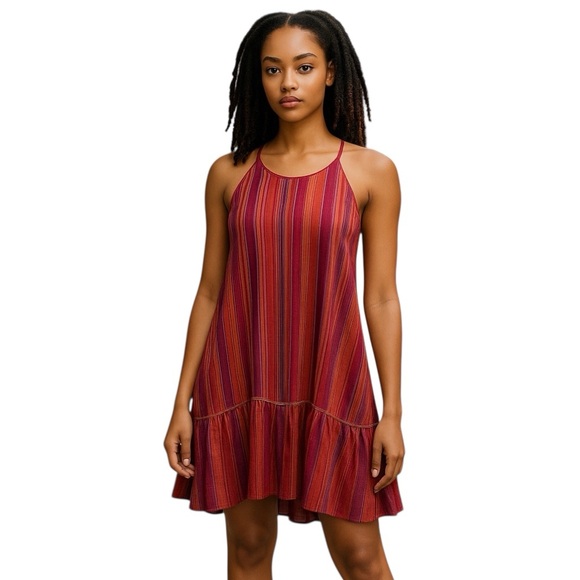 Est 1946 Dresses & Skirts - Red Striped Linen Blend Ruffled Boho Chic Spaghetti Strap Sun Dress NWOT Size L